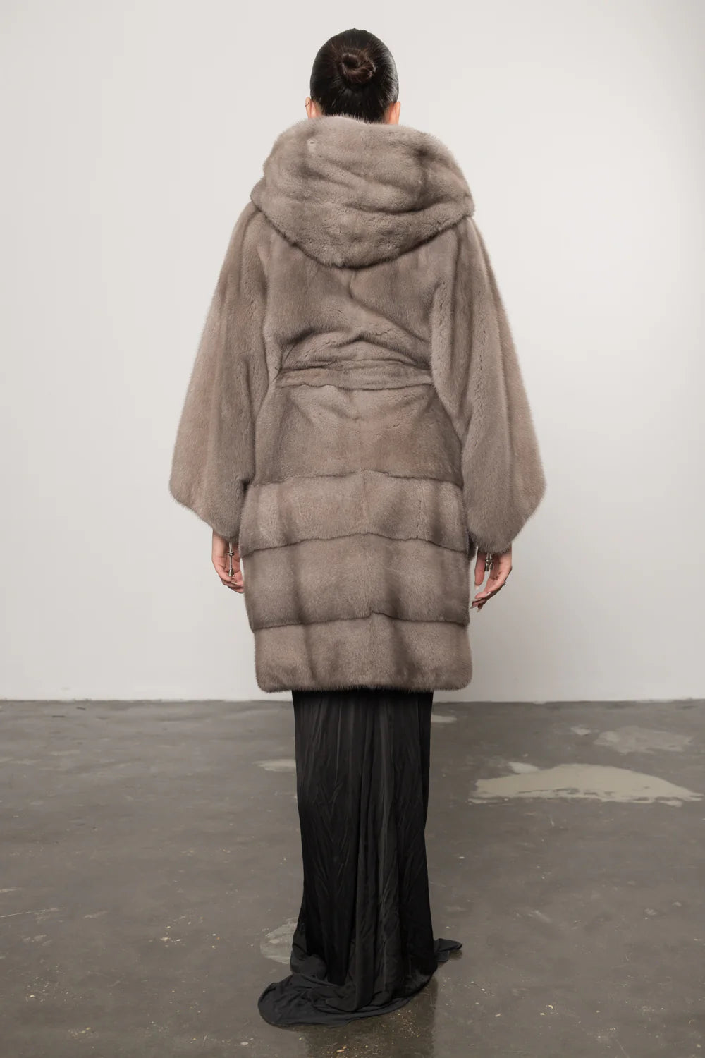 Haină din Blană Naturală de Vizon, cu Glugă și Cordon, Oversized, Silver Blue 419