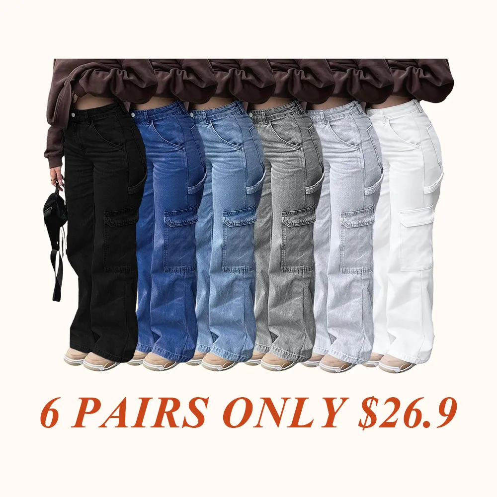 Women's High Waist Cargo Jeans with 6 Pockets, Wide Leg Baggy Denim Pants for Casual Street Style