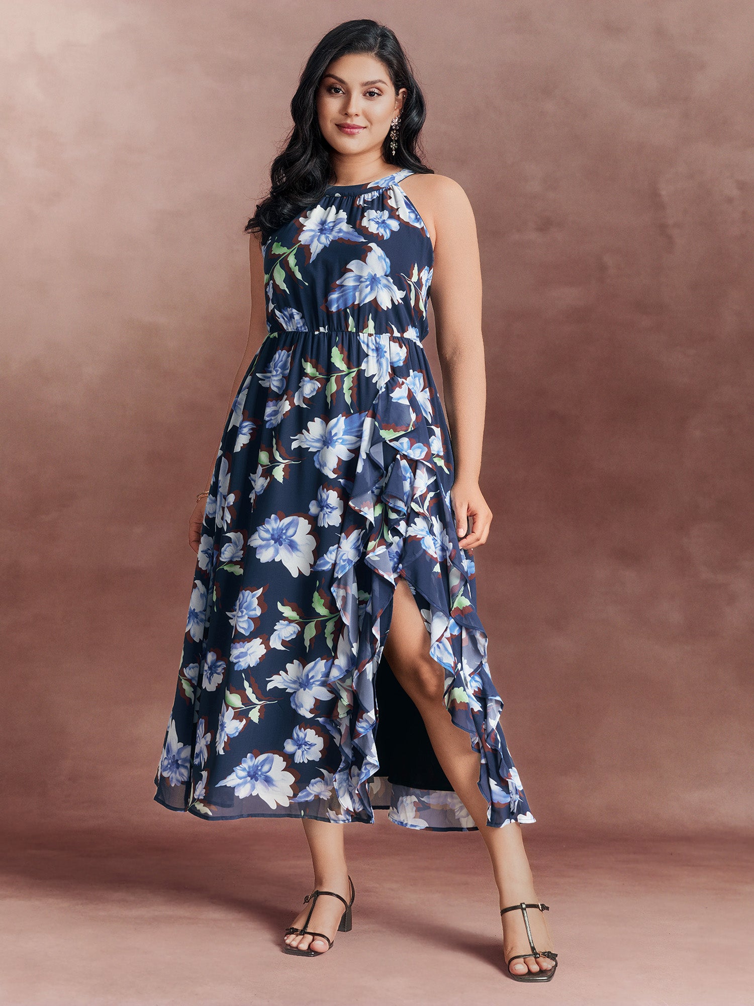 Floral Print Halter Neck Slit Maxi Dress