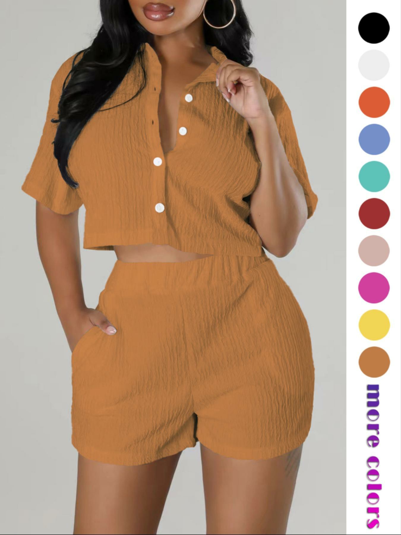 Women's 2-Piece Textured Button Front Shirt & Elastic Waist Shorts Set
