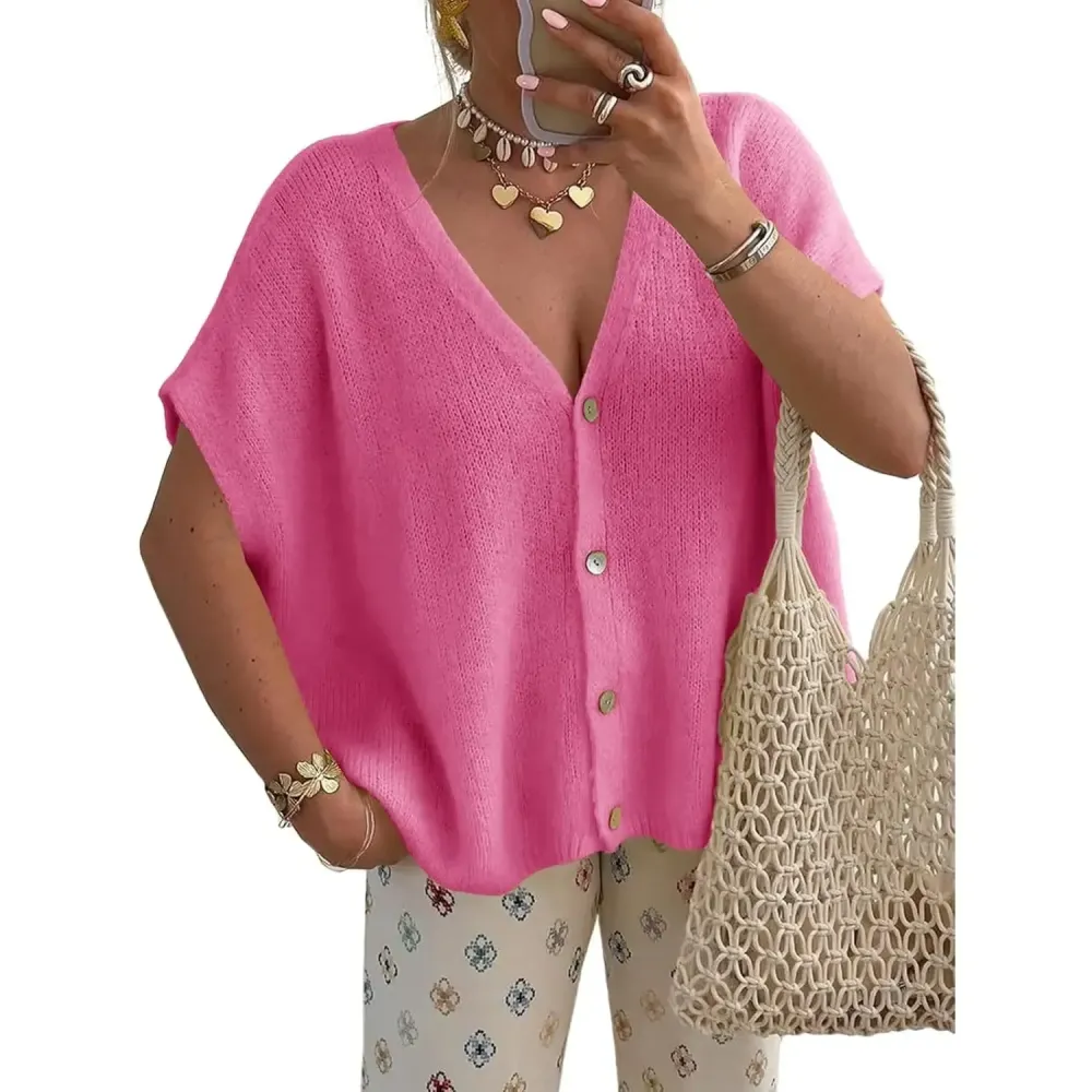 Womens Fall Oversized Cardigans Batwing Short Sleeve Lightweight Button V Neck Casual Knit Sweater Tops