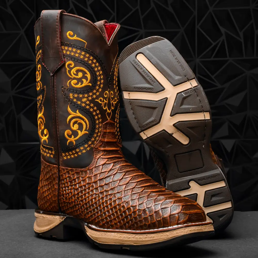 Cognac Jumbo Python Leather Boots With 3D Lightweight Sole - Composite Toe