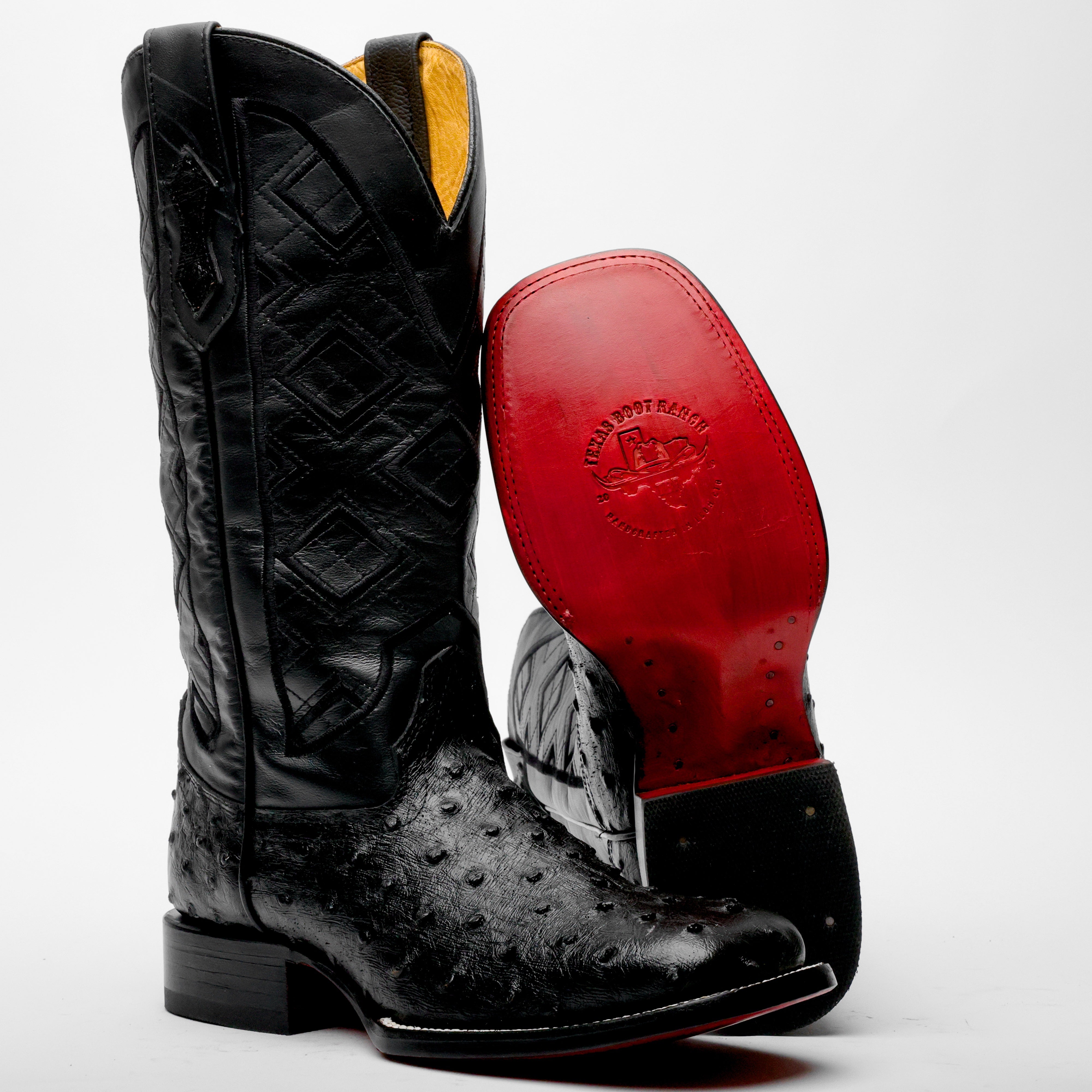 Black Ostrich Leather Boots - Square Toe