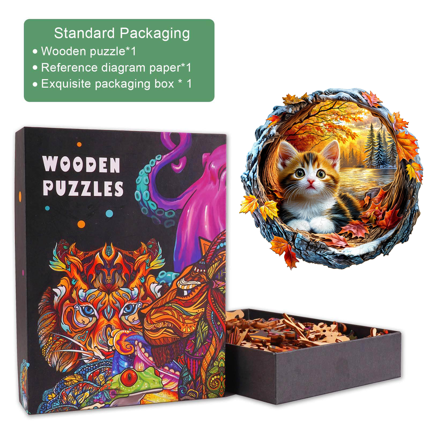 3D Kitten in Autumn Wooden Jigsaw Puzzle