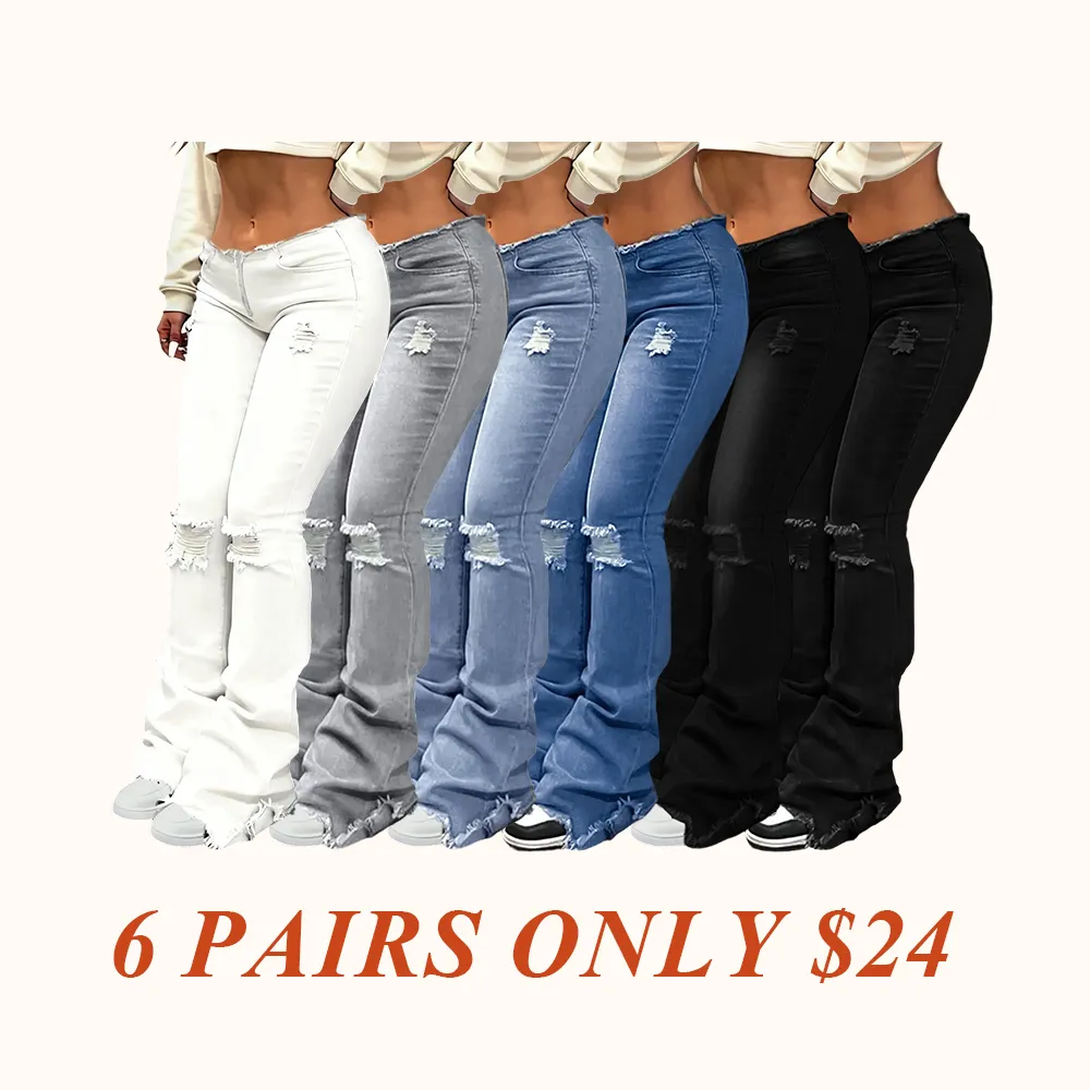Women's Plain Ripped Flared Jeans, Street Fashion Casual Denim Pants for Daily Wear