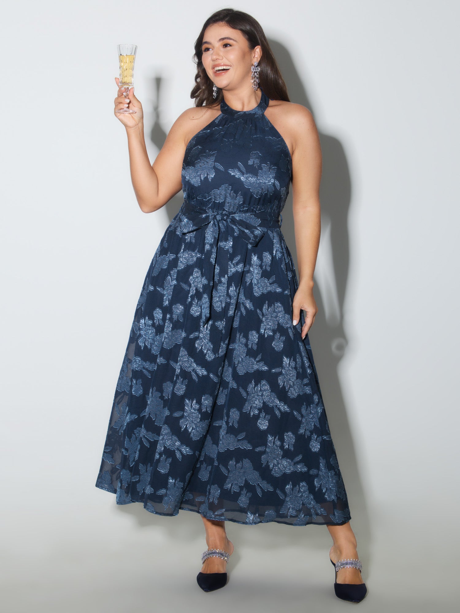 Chiffon Jacquard Halter Neck-Tie Maxi Dress