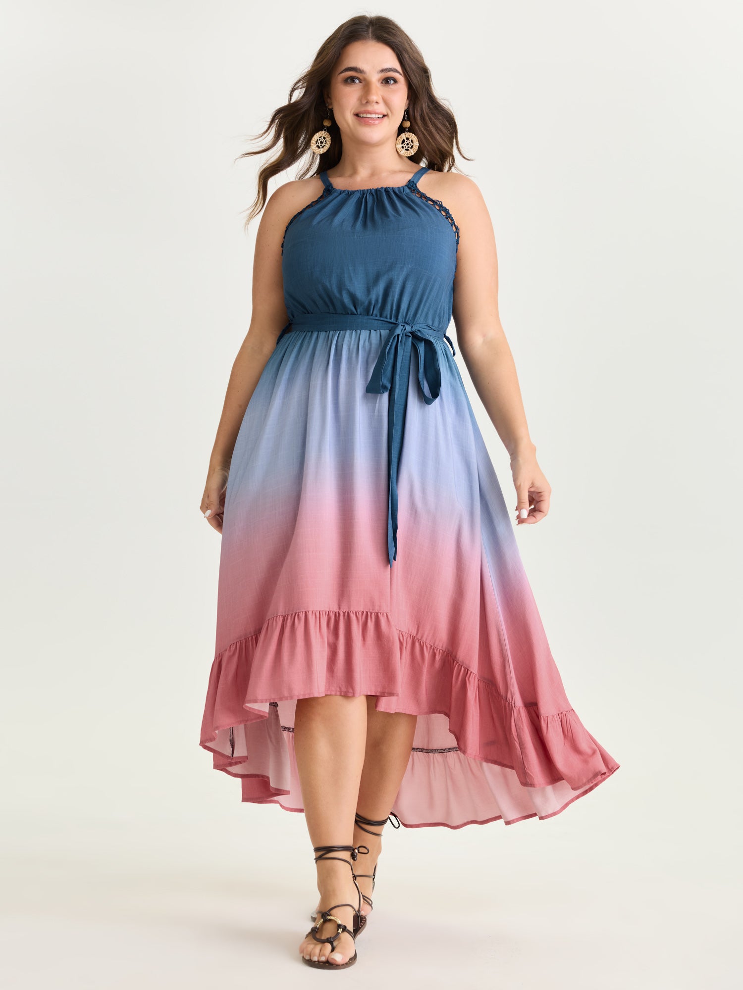 Ombre Color Blend Lace Trim Maxi Dress