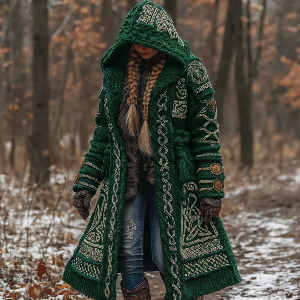 Women's Vintage Viking Celtic Knot Knit Long Sweater Jacket