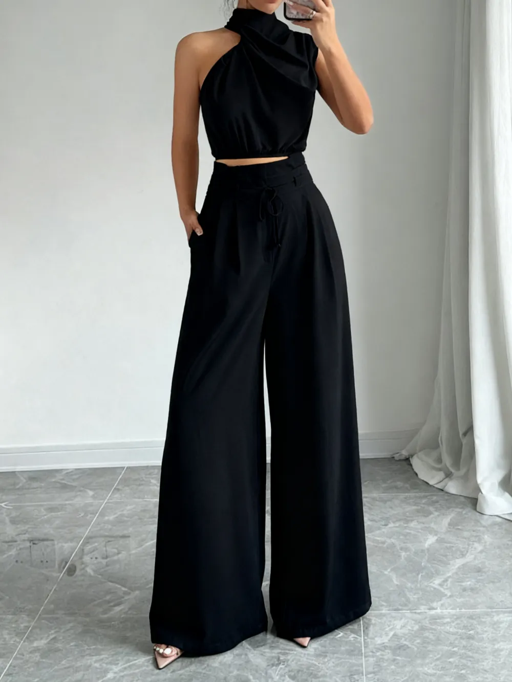 Women's Solid Color Crop Tank Top & Wide Leg Pants Two-piece Set