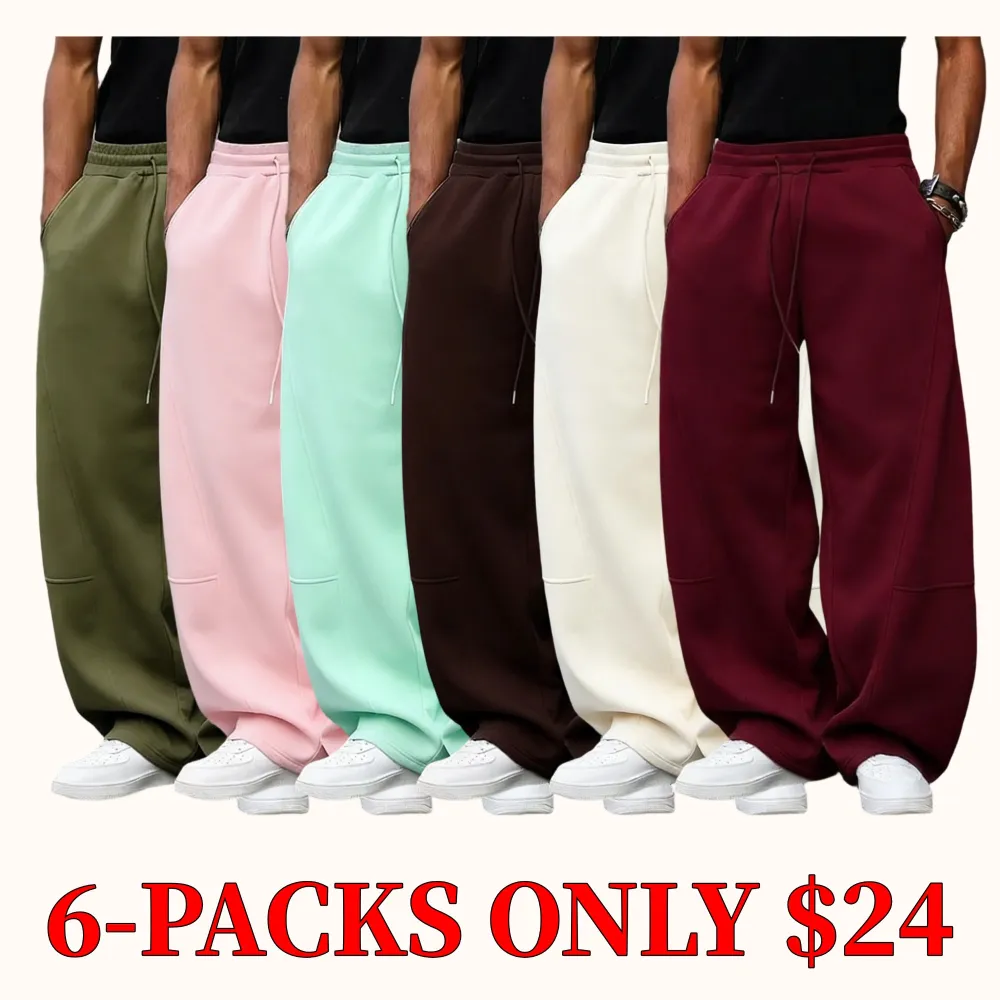 Men's unisex wide-leg sweatpants, loose and breathable polyester casual trousers with drawstring design, and solid color paneling