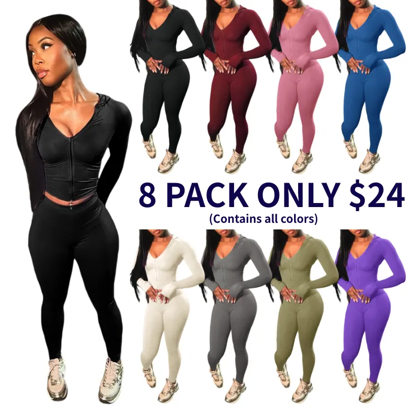 Women's Solid Color Zip Up Crop Top & High Waist Leggings Two-piece Set