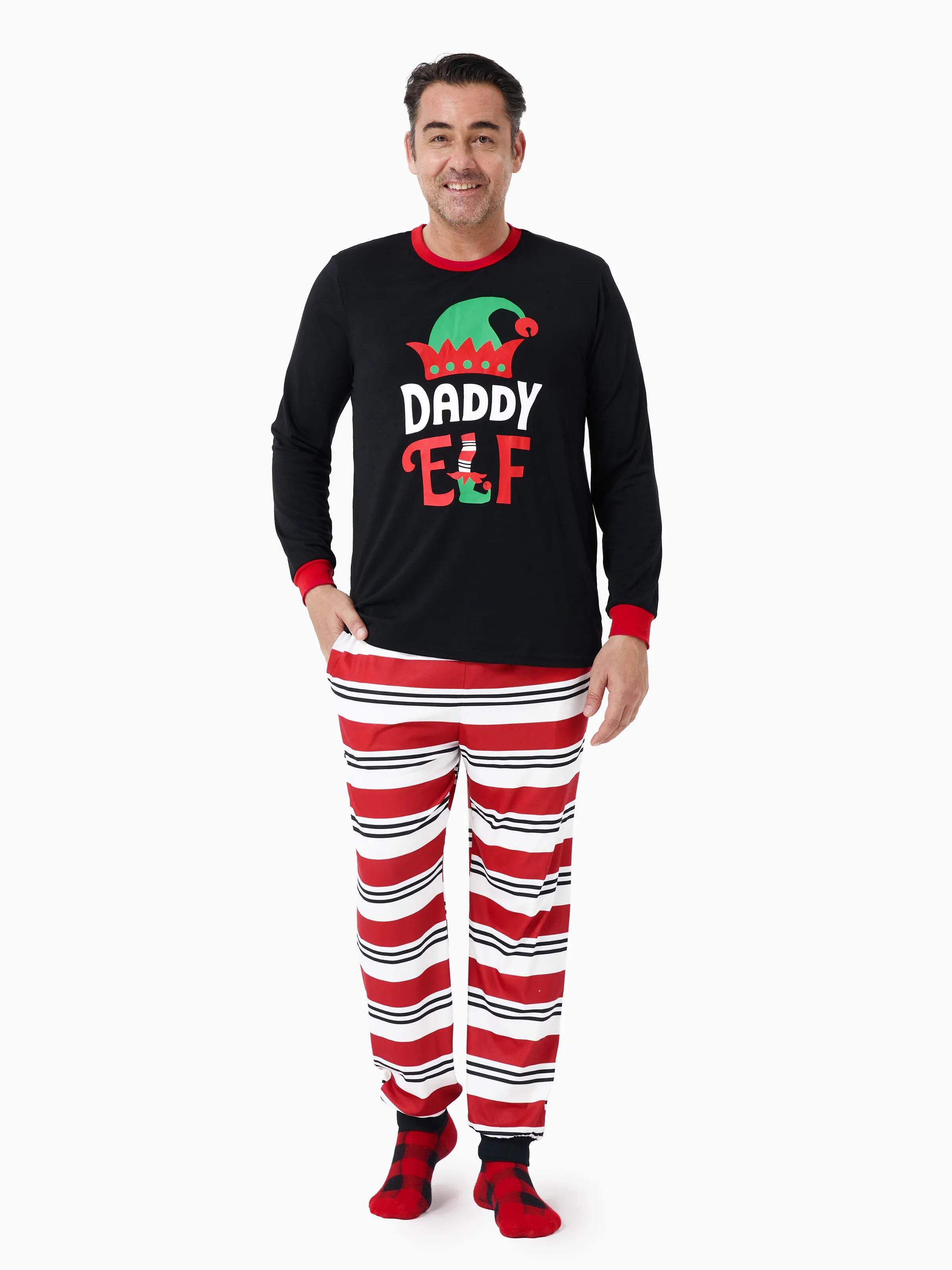 Christmas Matching Family Pajamas Set Elf Print PJS with Christmas Socks Black