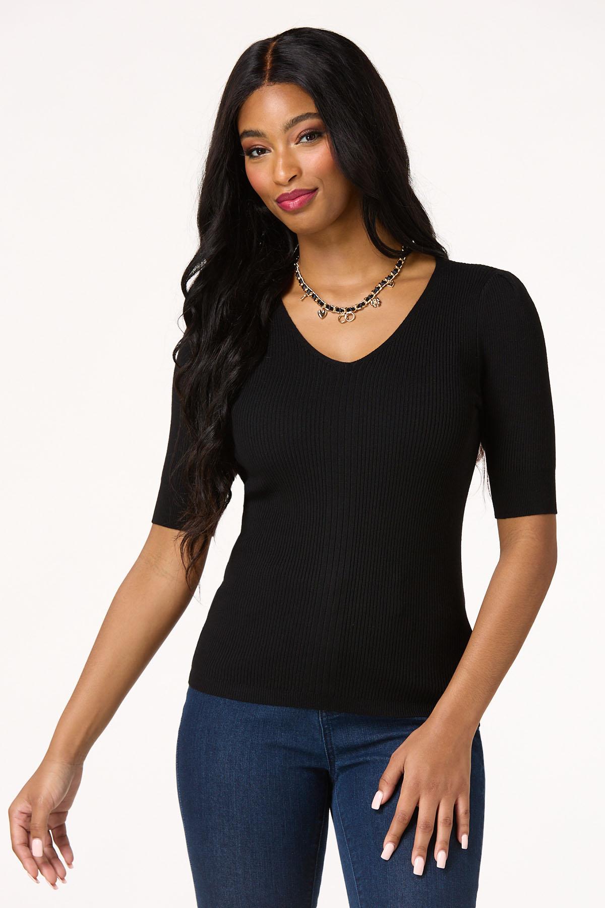 Solid Ribbed V Neck Pullover