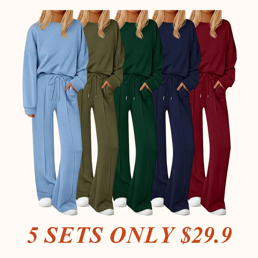 2 Piece Sets For Women Fall Trendy Long Sleeve Sweatshirt Wide Leg Pants Loungewear Set