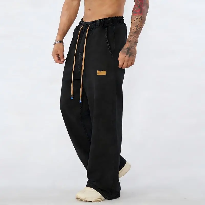 Men's straight leg jeans, casual drawstring elastic waistband