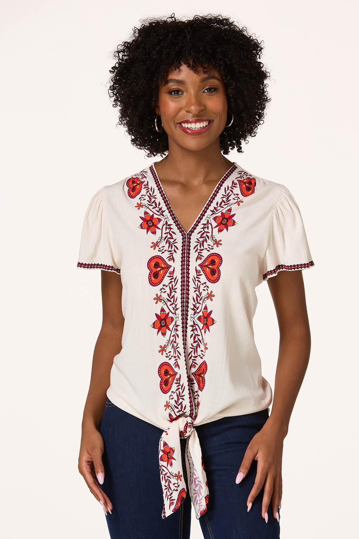 Tie Front Border Print Top