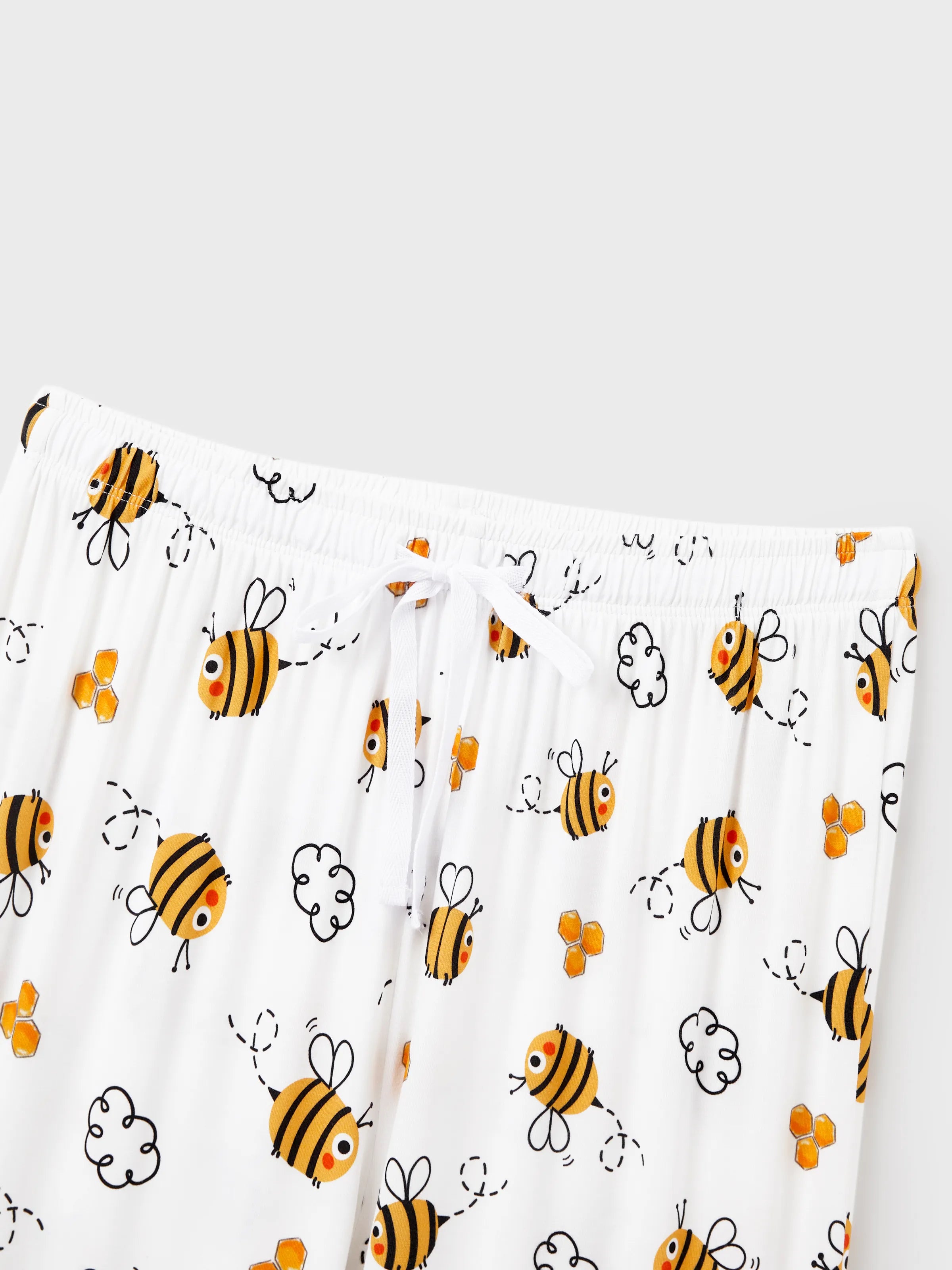 Family Matching Bamboo Pajamas Soft Bamboo Viscose PJs for Men Women Kids Toddler, Cute Bee Print Sleepwear with Short Sleeve Top and Long Pants White