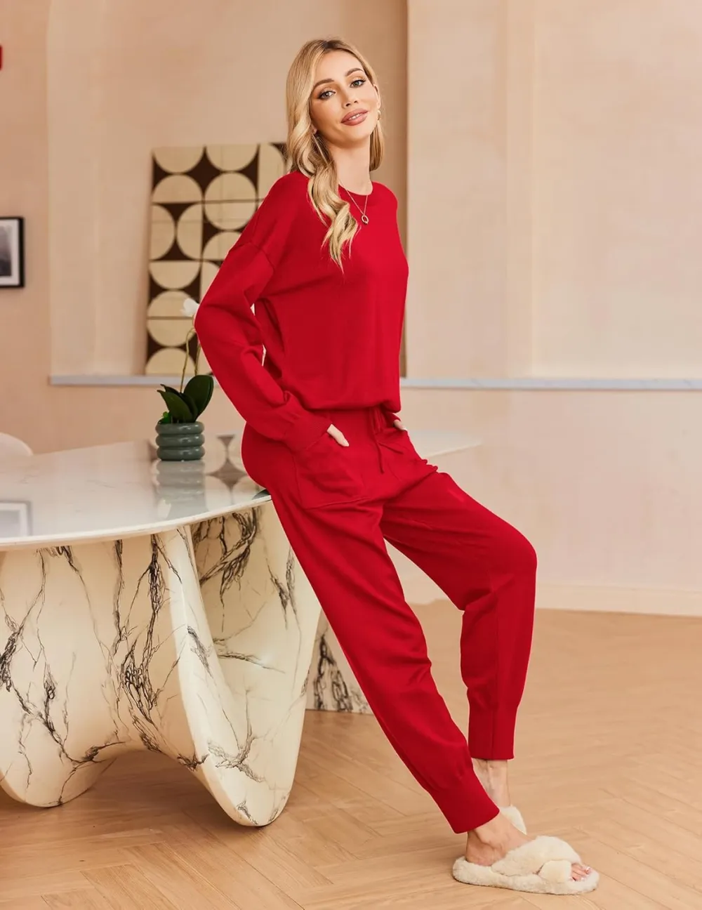 Women's Long Sleeve Knit Loungewear Set Jogger Pants Outfit