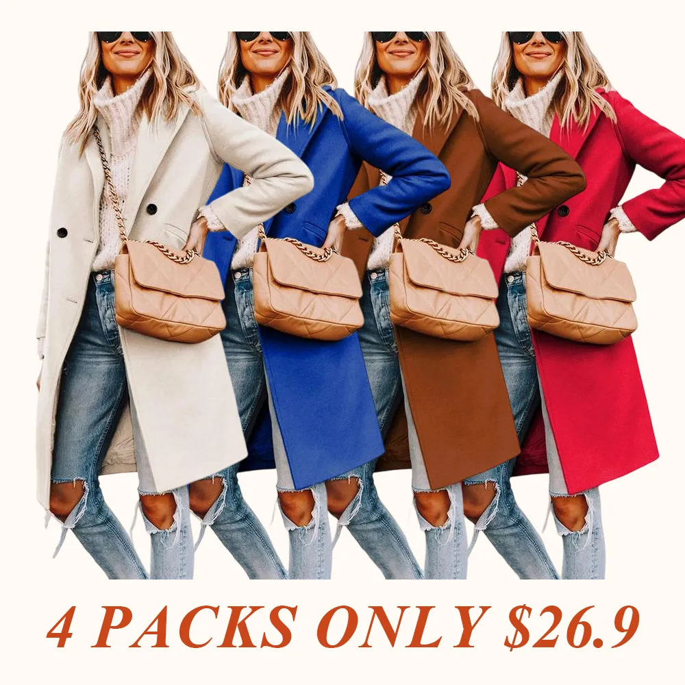 Women's Winter Notch Lapel Double Breasted Wool Blend Mid Long Pea Trench Coat