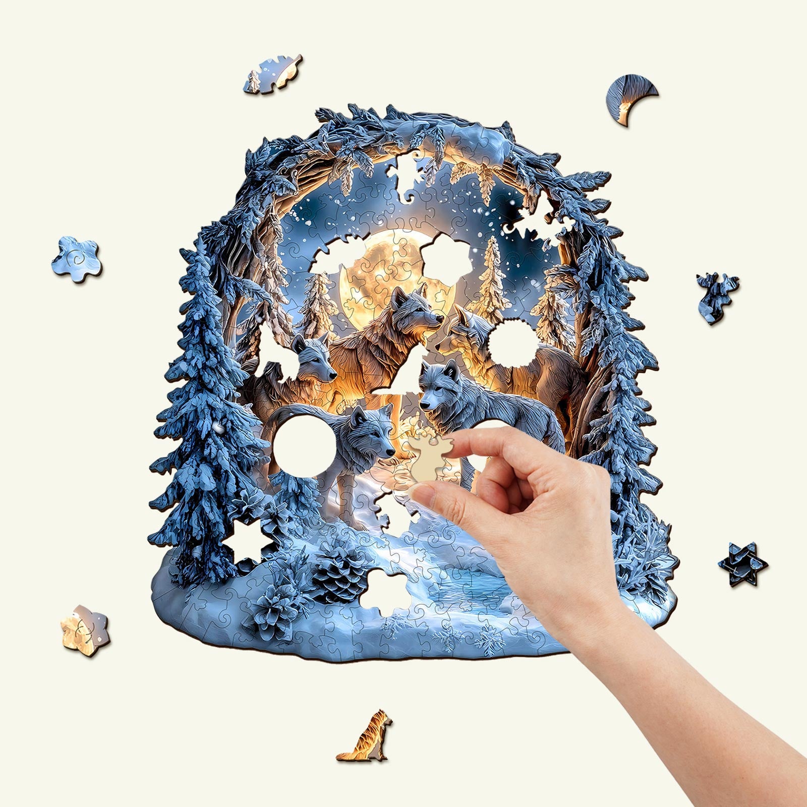 Snowy Night Wolf Pack Wooden Jigsaw Puzzle