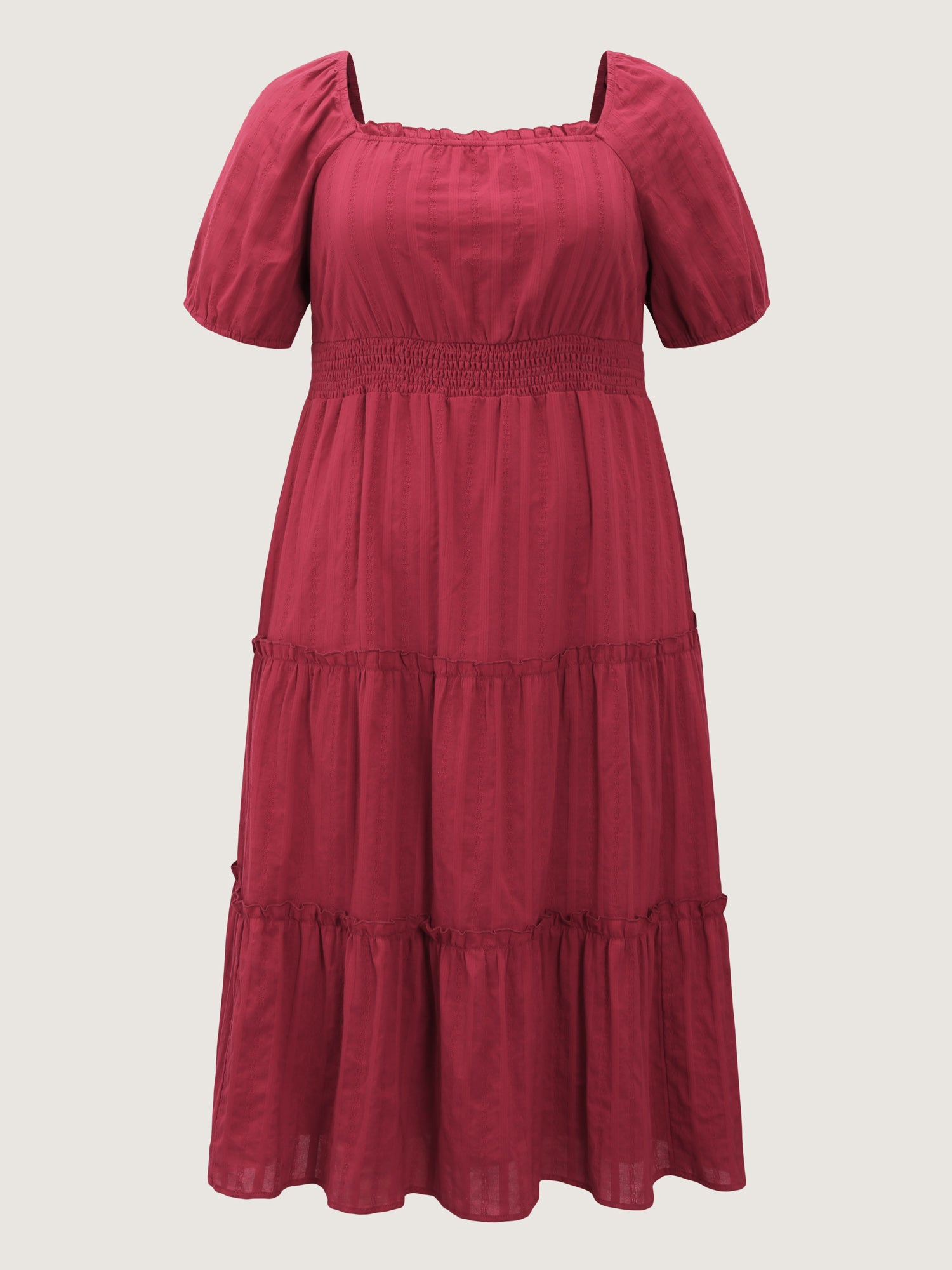 Cotton Textured Cinched-Waist Tiered Midi Dress