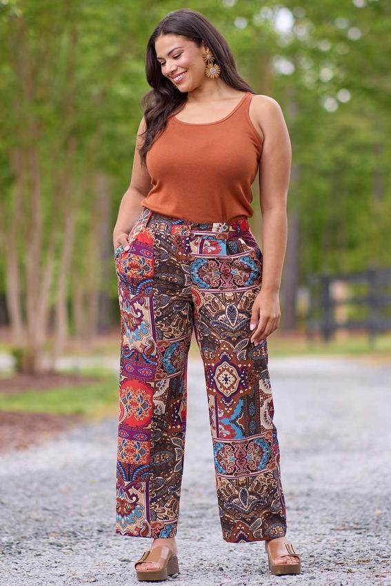 Plus Size Printed Patchwork Wide Leg Pants