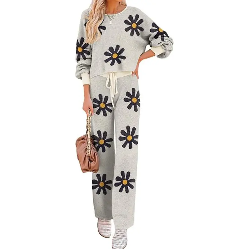 Womens Fall Winter Casual Solid Knitted 2 Piece Sets Long Sleeve Hoodie