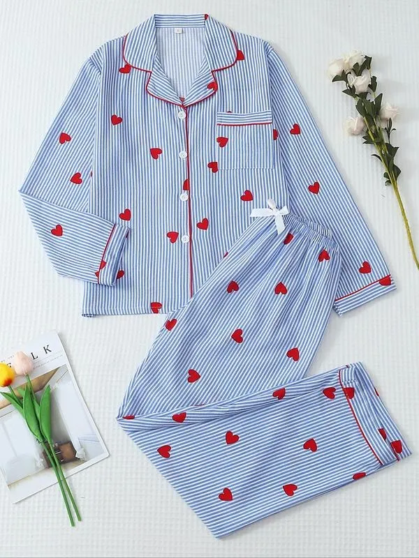 Women's Striped Bow Print Long Sleeve Pajama Set