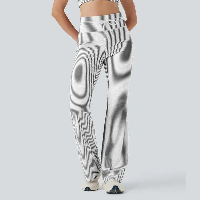 High Waisted Drawstring Stripe Flare Yoga Pants with Pockets