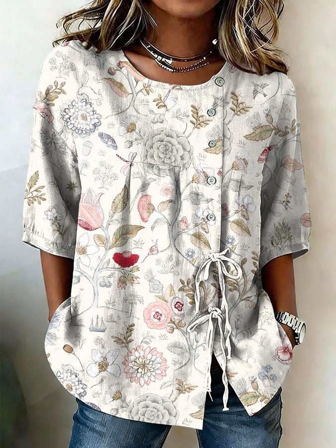 Women's Retro Floral Button Lace Up Tie Shirt- Fast Shipping