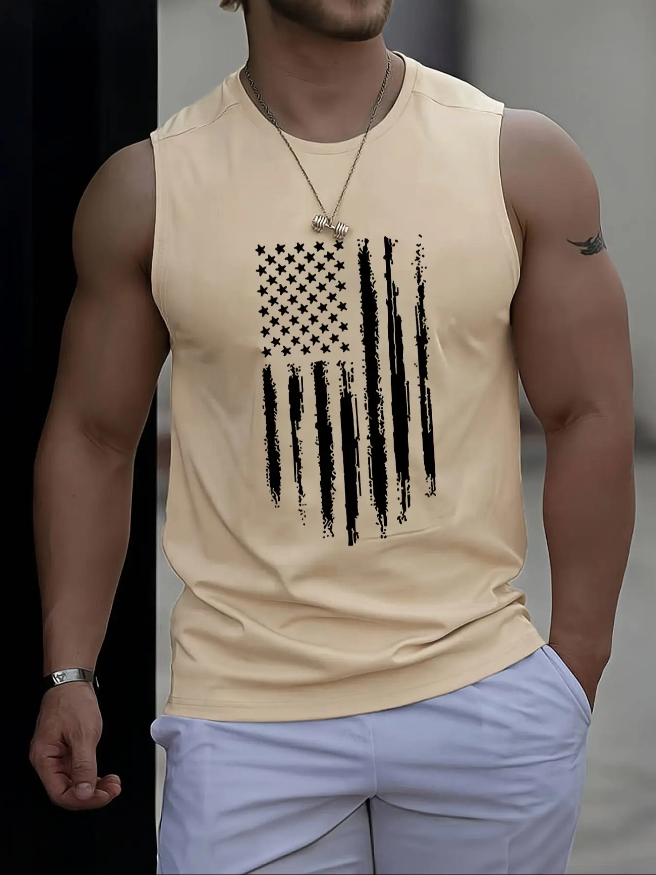 Men's American Flag Graphic Print Round Neck Tank Top Vest