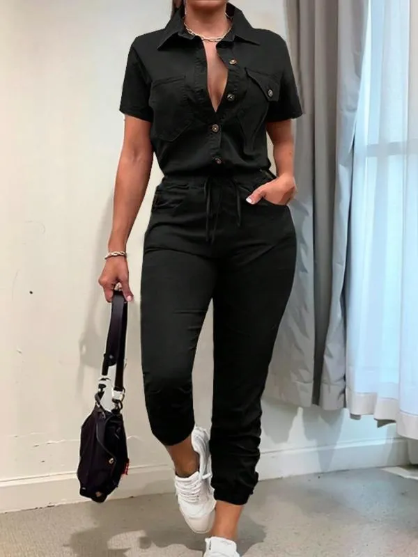 Women's Solid Button Front Pocket Jumpsuit, Casual Short Sleeve Jumpsuit for Daily Wear