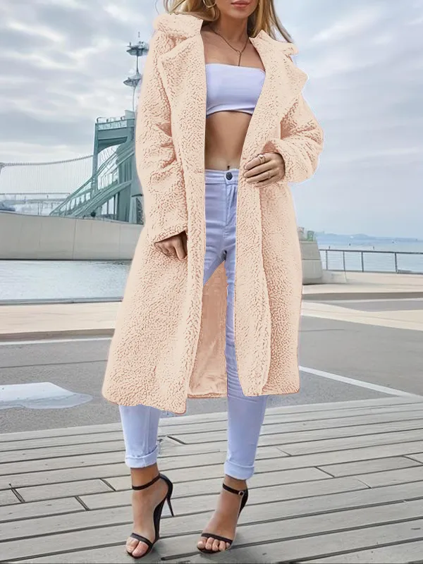 Women's Plain Pocket Button Front Faux Fur Coat