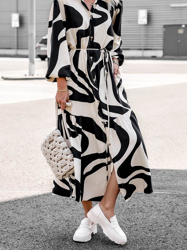 Contrast Color Pleated Printed Split-Joint Tied Waist Long Sleeves Loose Lapel Shirt Dress
