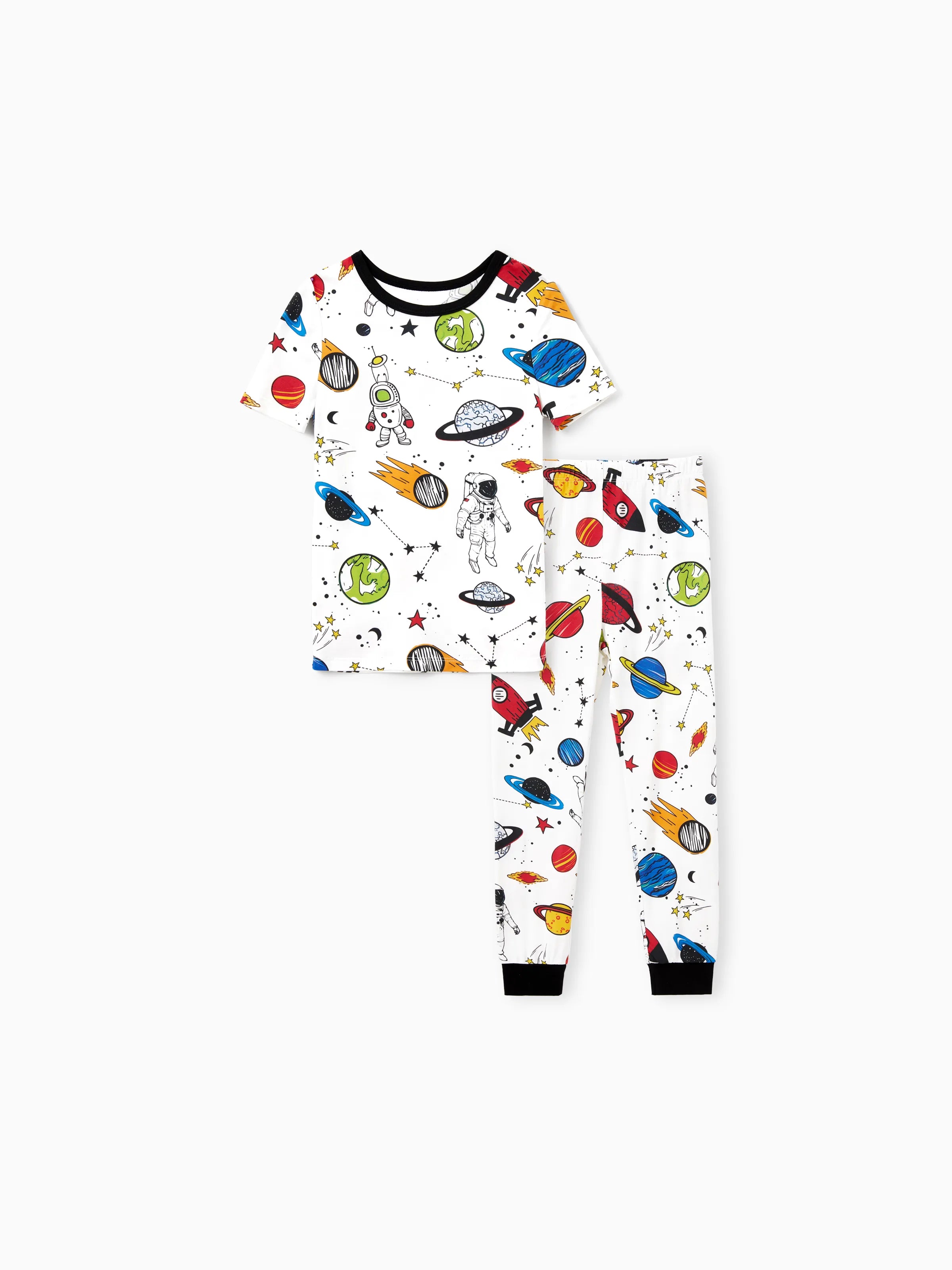 Bamboo Family Pajamas Space Theme Print Short-sleeve Matching Pajama set ( Snug-Fitting for Children ) White