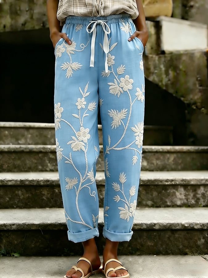 Women's Retro Botanical Floral Art Print Design Casual Pants- Fast Shipping