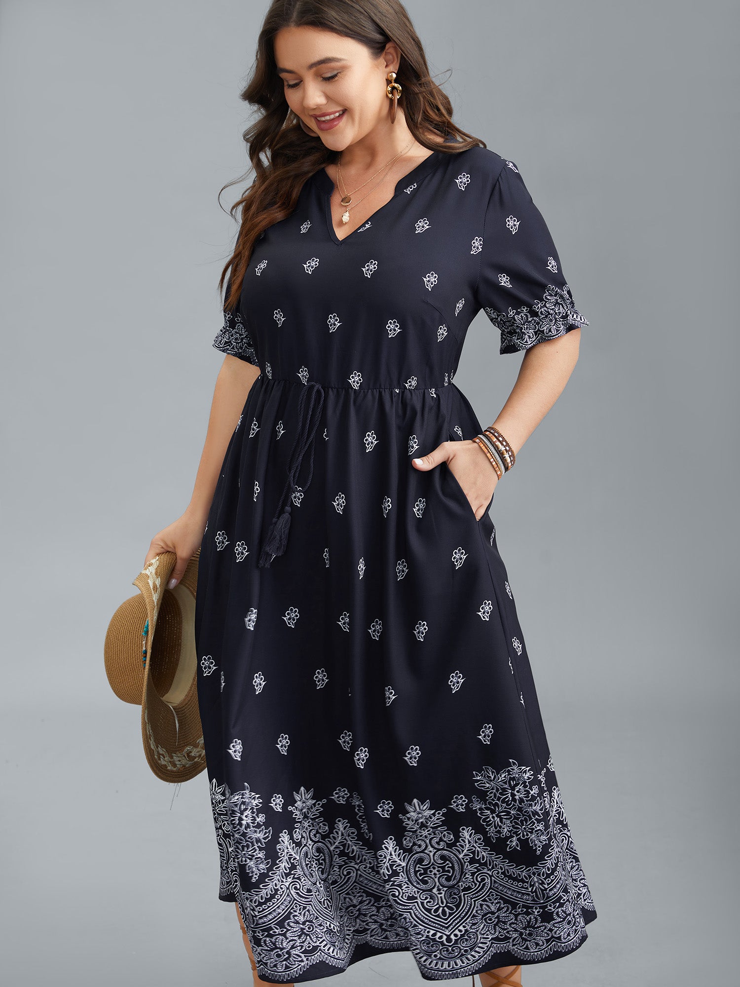 Floral Waist-Tie Notched Collar Midi Dress