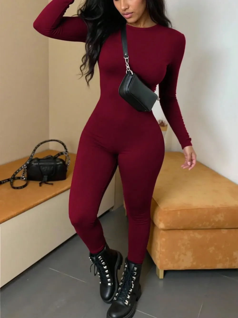 Women Solid Color Long Sleeve Jumpsuit