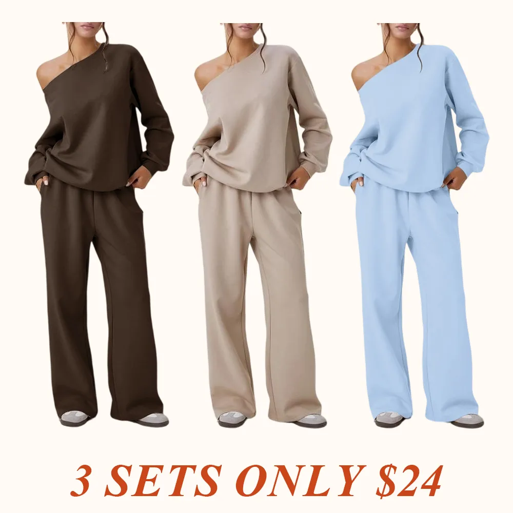 Women's Leisure Solid Color Sloping Shoulder Long Sleeve Top & Wide Leg Trousers Co-ord