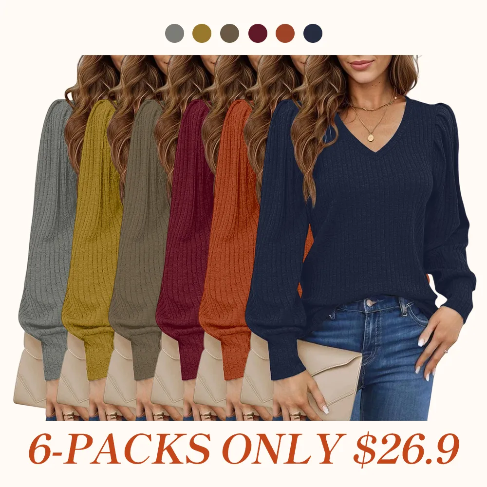 Women's Knit Shirt Soft Puff Long Sleeve Blouse Tops
