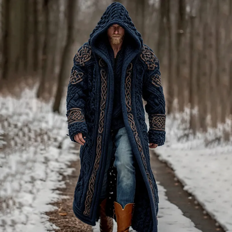 Men's Viking Celtic Knot Art Pocket Mid-length Cardigan Sweater