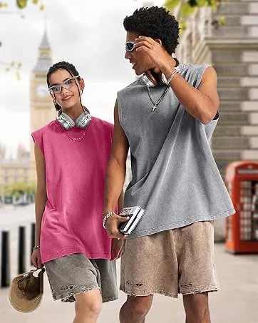 Men's Cotton Sleeveless Muscle Tank Tops Vintage Acid Wash Cutoff Loose Workout Tee Shirts