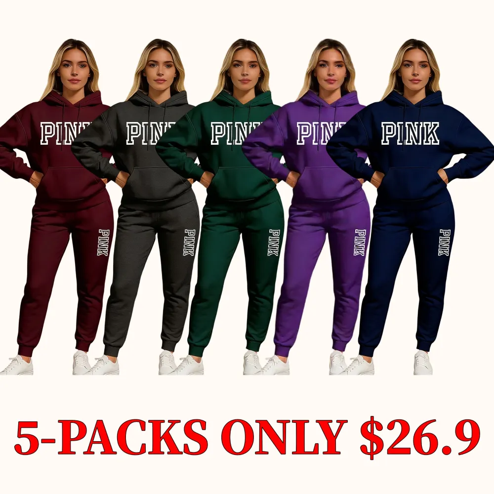 Women's pink printed hooded sweatshirt and drawstring sweatpants set