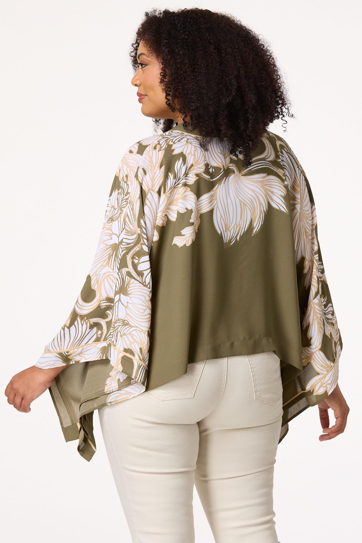 Plus Size Green Floral Tie Front Kimono