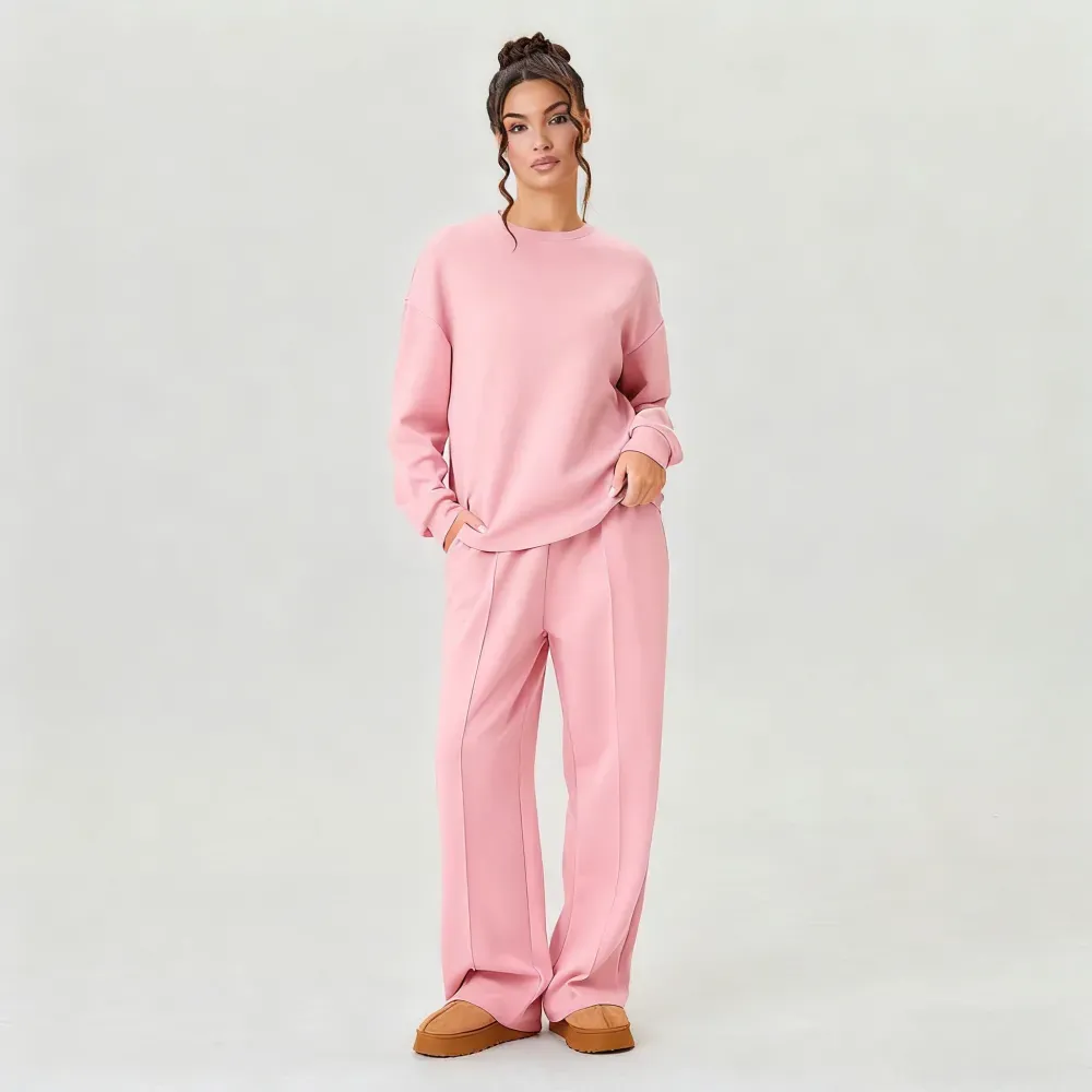 Women's Casual Solid Color Loose Long Sleeve Top & Exposed Stitches Trousers Co-ord