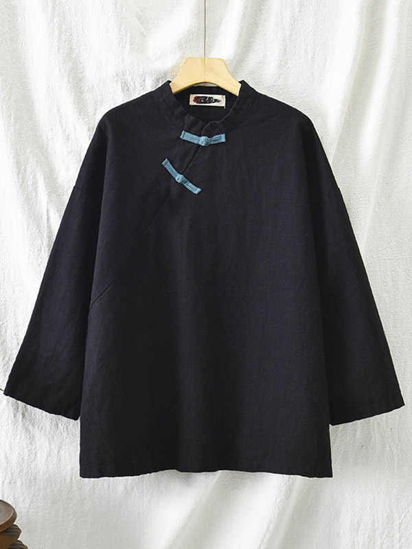 Vintage Linen Frog Loose Long Sleeve Shirt Tops