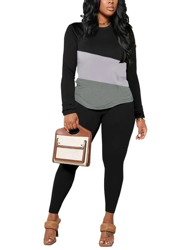 Two-Piece Set Women's Striped Print Long Sleeve Tee & Skinny Pants Set