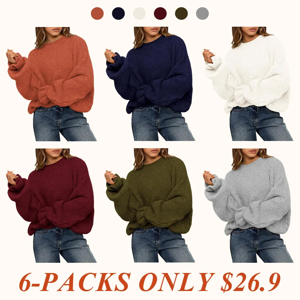 Women's Oversized Sweater Crewneck Long Sleeve Fuzzy Knit Chunky Pullover Sweaters