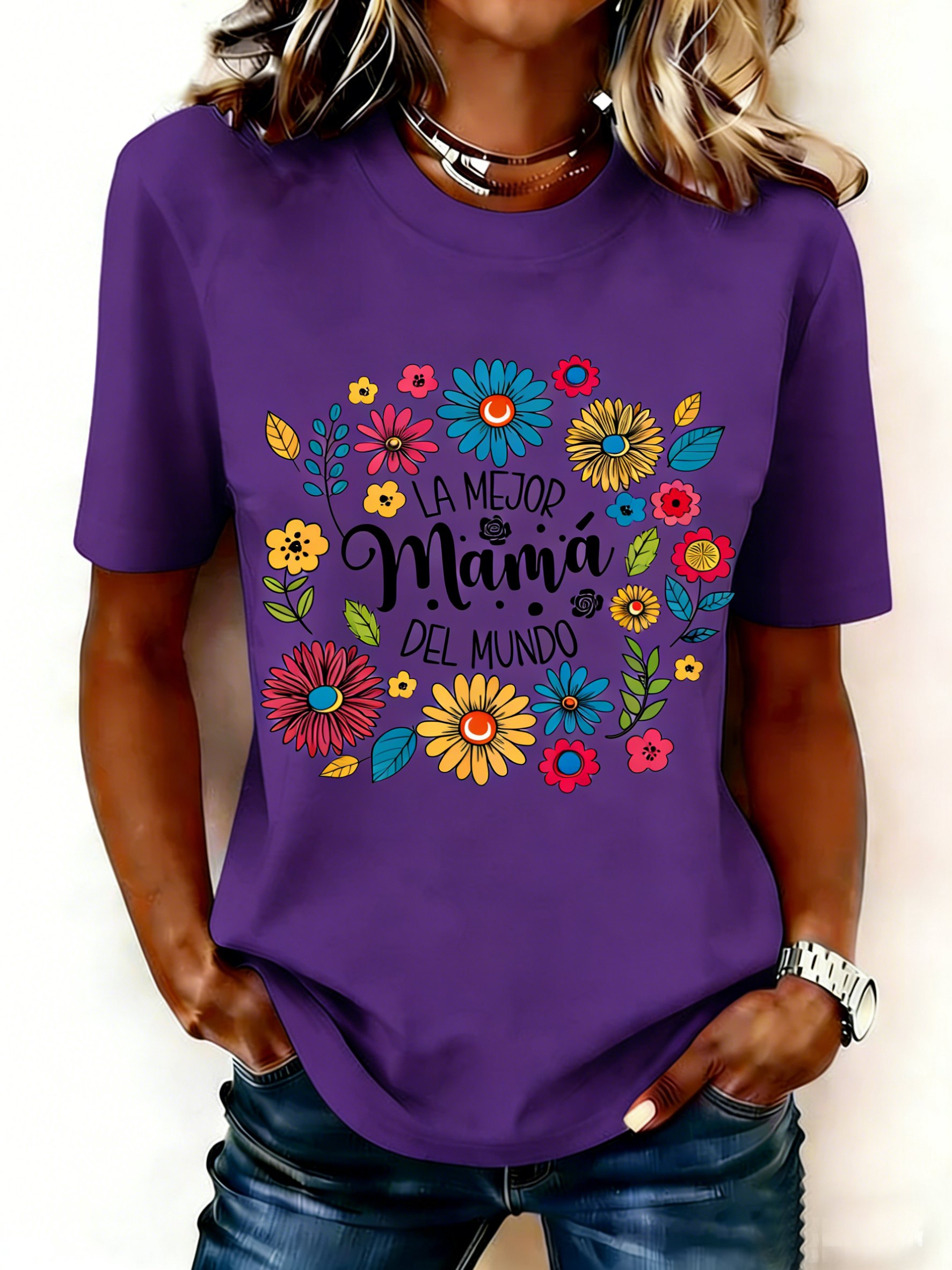 Mother's Day Letter Pattern Floral Short Sleeve Round Neck Loose  Casual T-Shirt