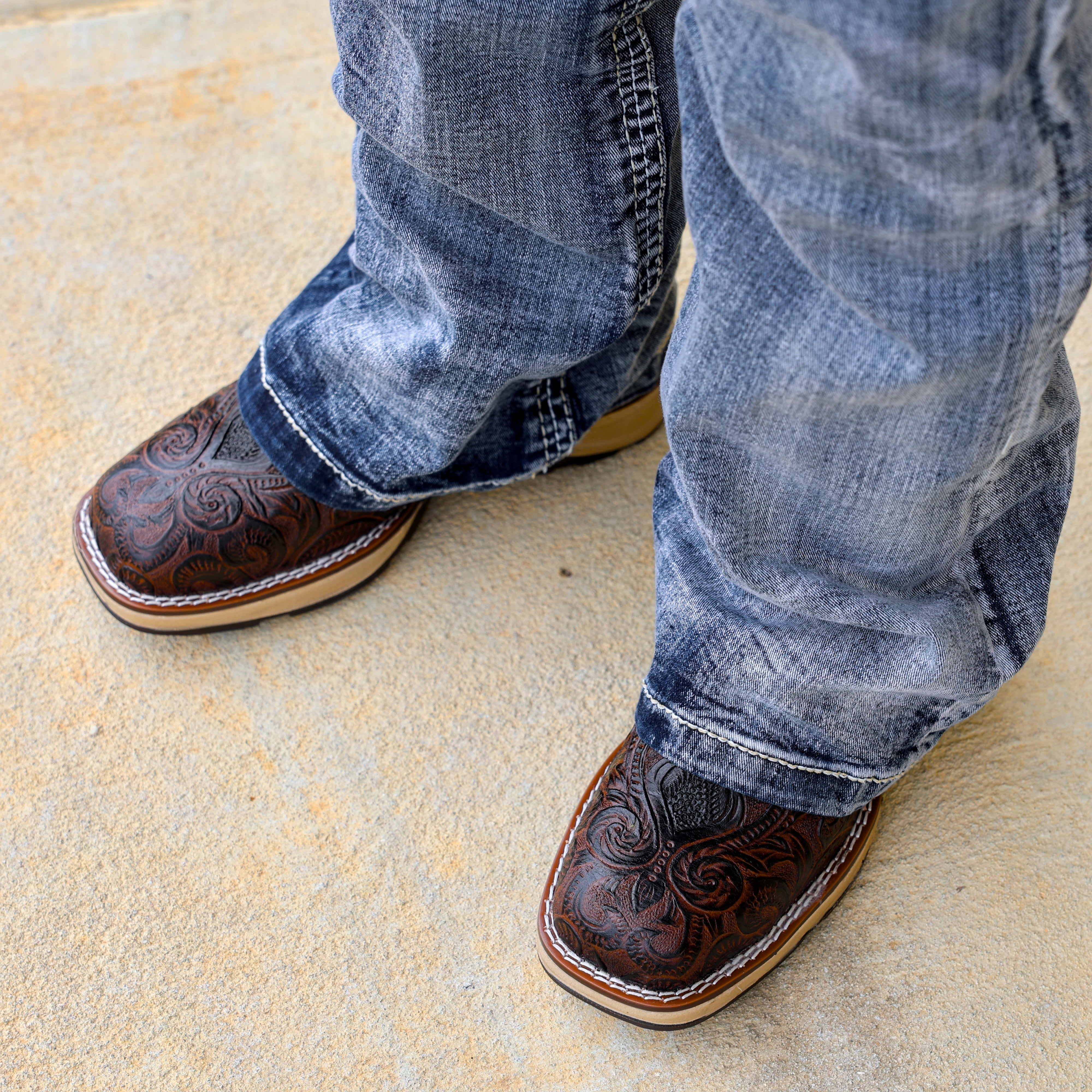 Brown Hand-Tooled Leather Boots With 3D Lightweight Sole - Composite Toe